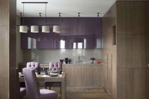 Кухня-студия в современном стиле с фиолетовыми фасадами